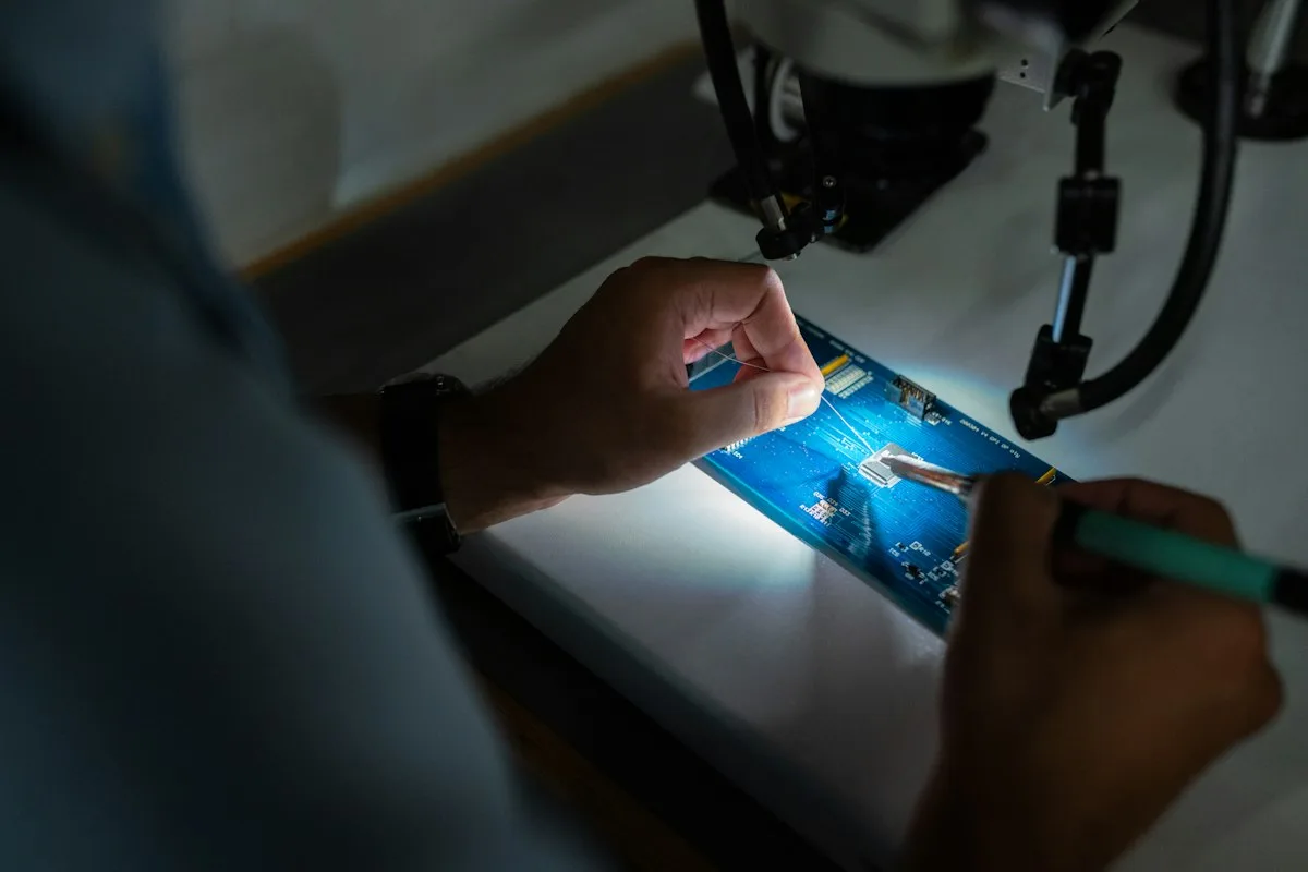 Close-up of hands inspecting an electronic component at a production bench
